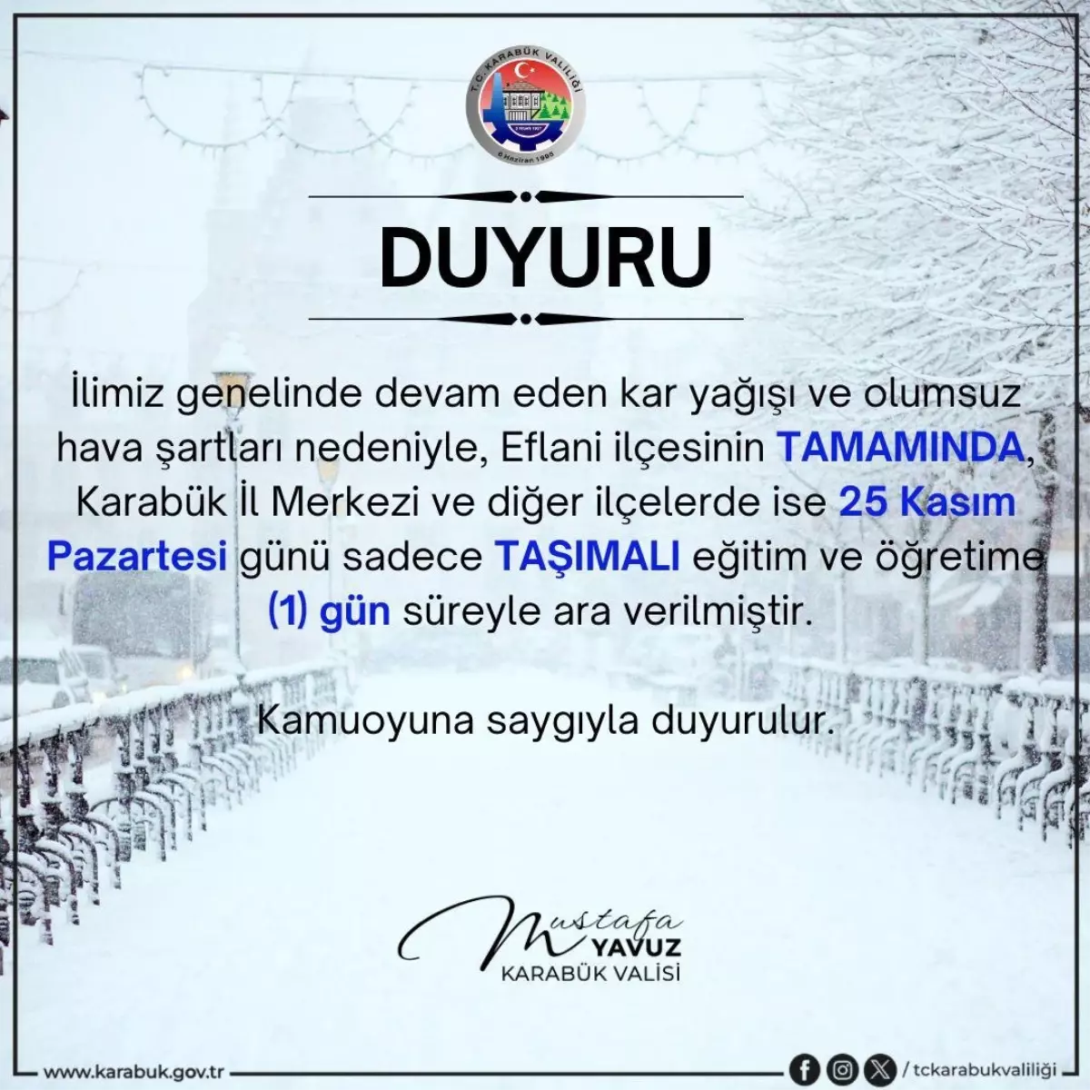 Karabük’te Kar Yağışı Nedeniyle Eğitim ve Ulaşımda Aksama