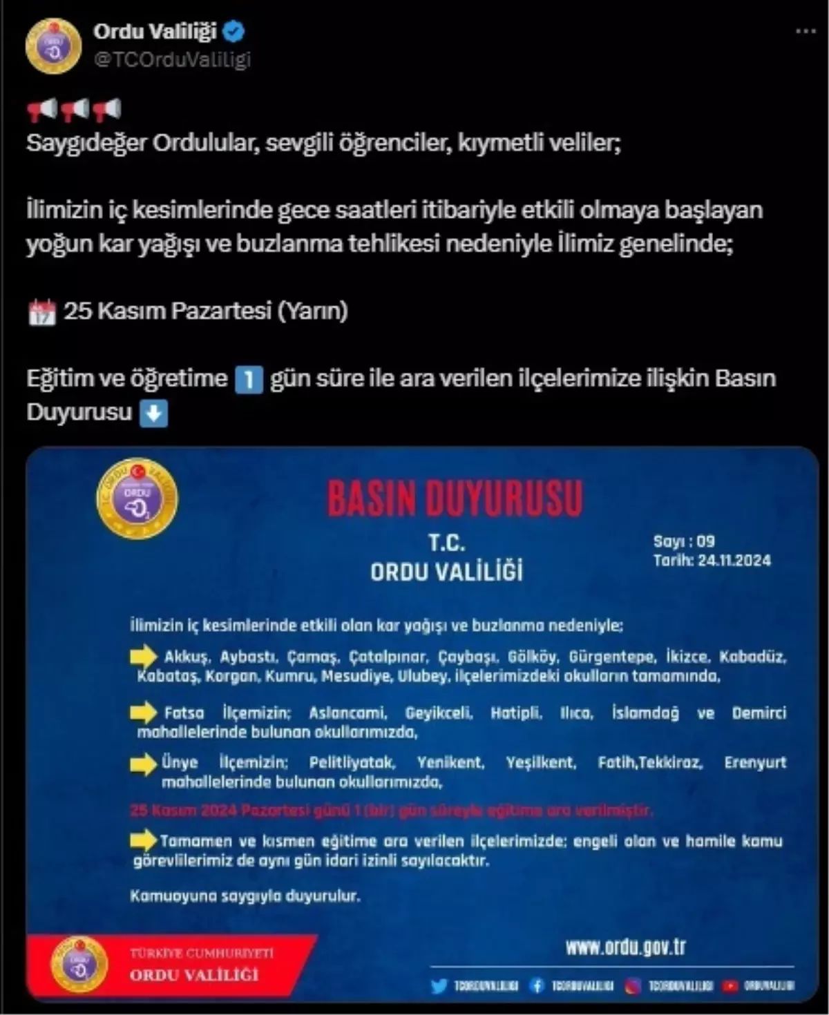 Ordu’da Kar Yağışı Nedeniyle Okullara Tatil